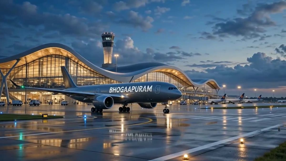 Passenger aircraft taking off from the runway at Alluri Sitarama Raju International Airport, Bhogapuram